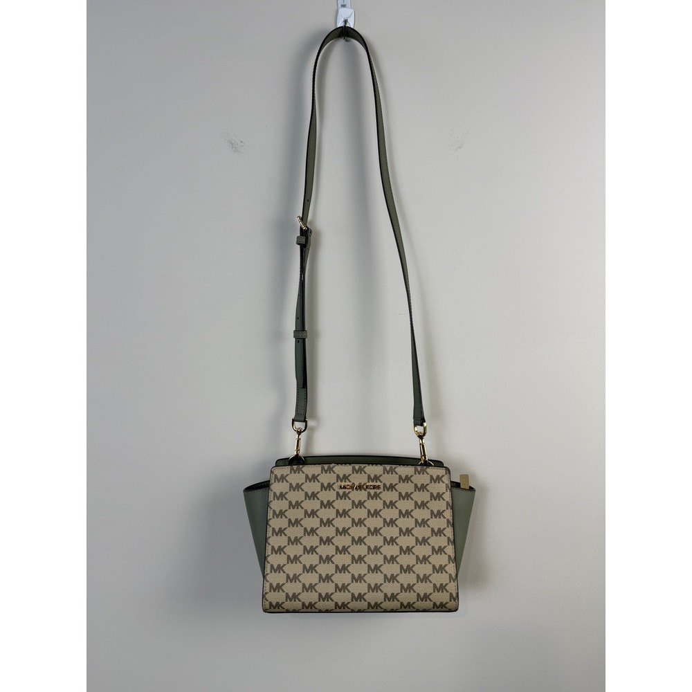 Michael Kors Selma Medium Saffiano Leather Messenger Bag Olive Green Tan Top Zip